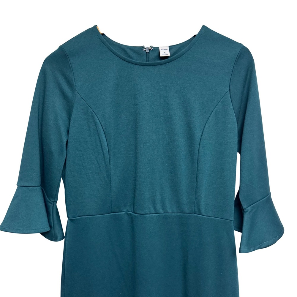 Old Navy Womens Dress Medium Emerald Teal Sheath Ruffle Sleeve Career - Picture 2 of 6